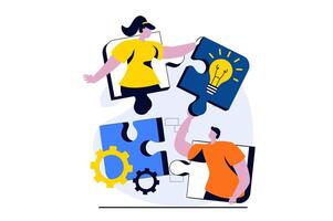 Teamwork concept with people scene in flat cartoon design. Man and woman working together, generating creative ideas, optimize and settings business process. illustration visual story for web vector