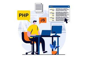 Software development concept with people scene in flat cartoon design. Man developer programming, searching problems and fixing code, working in IT company. illustration visual story for web vector