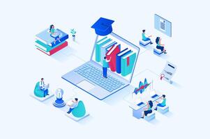 Online studying 3d isometric web design. People read books and study textbooks, improve skills and knowledge, study at university or take courses, graduate online schools. web illustration vector