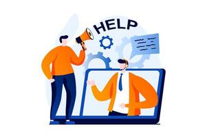 Technical support concept with people scene in flat cartoon design. Man with megaphone chatting to consultant for solving problems and online consultation. illustration visual story for web vector