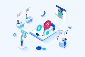 Customer support 3d isometric web design. People call technical support to get advice and resolve their issues, operators in headsets answer and advise, chatting clients. web illustration vector