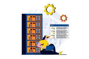 Server maintenance concept with people scene in flat cartoon design. Woman technician working in server rack hardware room and fixing connection at laptop. illustration visual story for web vector