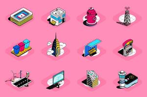 City buildings 3d isometric icons set. Pack elements of urban infrastructure, hydrant, station, roadway, billboard, hospital, skyscraper and others. illustration in modern isometric design vector