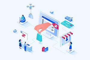 Discount of goods 3d isometric web design. People buy new products at best prices and offers at seasonal sales in online stores, ordering and paying for smart purchases. web illustration vector