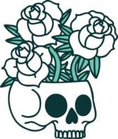 imagem de estilo de tatuagem icônica de uma caveira e rosas png