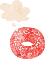cartoon donut with thought bubble in grunge distressed retro textured style png