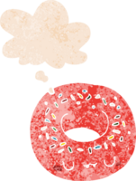 cartoon donut with thought bubble in grunge distressed retro textured style png