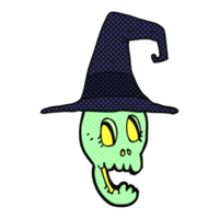 hand drawn comic book style cartoon skull wearing witch hat png