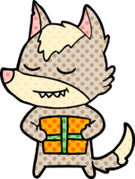 friendly cartoon wolf carrying christmas present png