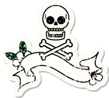 worn old sticker with banner of cross bones png