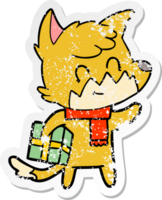 distressed sticker of a cartoon happy fox with gift png