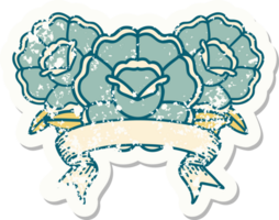 worn old sticker with banner of a bouquet of flowers png