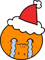 main tiré ligne dessin de une Orange portant Père Noël chapeau png
