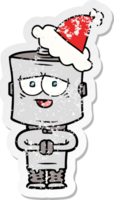 hand drawn distressed sticker cartoon of a robot wearing santa hat png