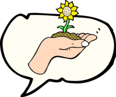 hand drawn comic book speech bubble cartoon flower growing in palm of hand png