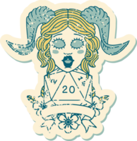 Retro Tattoo Style tiefling with natural twenty dice roll png