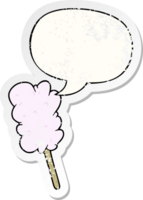 cartoon candy floss on stick with speech bubble distressed distressed old sticker png