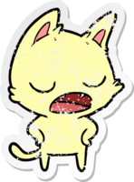 distressed sticker of a talking cat cartoon png