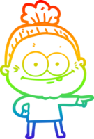 rainbow gradient line drawing of a cartoon happy old woman png