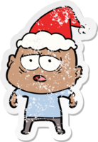 hand drawn distressed sticker cartoon of a tired bald man wearing santa hat png