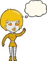 mulher robô de desenho animado acenando com balão de pensamento png