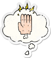 cartoon magic halloween zombie hand with thought bubble as a distressed worn sticker png