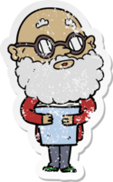 distressed sticker of a cartoon curious man with beard and glasses png