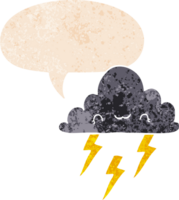 cartoon storm cloud with speech bubble in grunge distressed retro textured style png