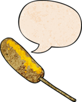 cartoon hotdog on a stick with speech bubble in retro texture style png