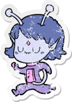 distressed sticker of a cartoon alien girl png