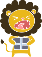 flat color style cartoon lion with christmas present png