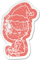 quirky cartoon distressed sticker of a annoyed hipster girl wearing santa hat png