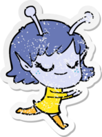 distressed sticker of a smiling alien girl cartoon png