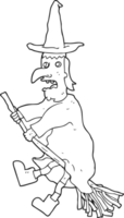 mano disegnato nero e bianca cartone animato strega volante su scopa png