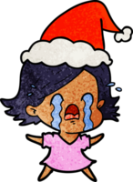 hand drawn textured cartoon of a woman crying wearing santa hat png