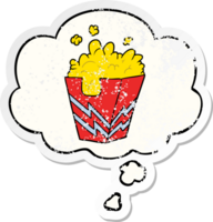 cartoon box of popcorn with thought bubble as a distressed worn sticker png