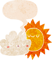 cartoon sun and cloud with speech bubble in grunge distressed retro textured style png