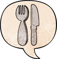 dibujos animados cuchillo y tenedor con habla burbuja en retro textura estilo png