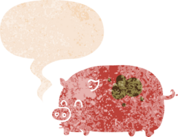 söt tecknad serie gris med Tal bubbla i grunge bedrövad retro texturerad stil png