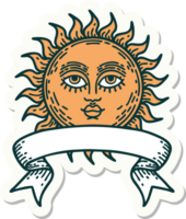 tattoo style sticker with banner of a sun with face png