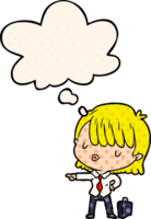 cartoon efficient businesswoman with thought bubble in comic book style png