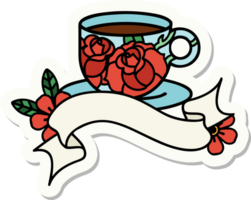 tattoo style sticker with banner of a cup and flowers png