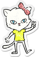 distressed sticker of a cute cartoon cat girl giving peace sign png