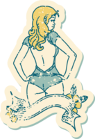 bedrövad klistermärke tatuering i traditionell stil av en utvikningsbrud baddräkt flicka med baner png