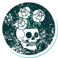 icónica imagen angustiada de estilo tatuaje de una calavera y rosas png