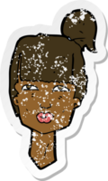 retro distressed sticker of a cartoon female head png