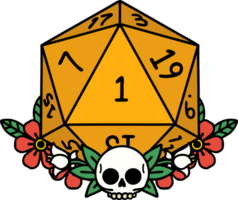 Retro Tattoo Style natural one dice roll with floral elements png