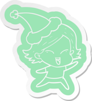 happy quirky cartoon  sticker of a girl wearing santa hat png