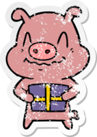 distressed sticker of a nervous cartoon pig with present png