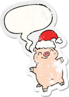 cartoon happy christmas pig with speech bubble distressed distressed old sticker png